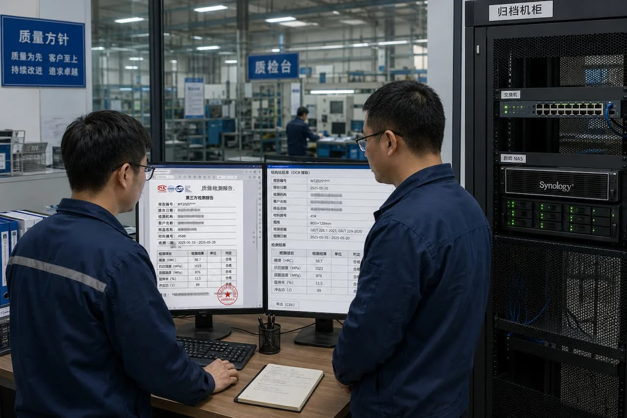 成都机械制造企业质量管理办公区——质检员核对第三方检测报告与群晖 NAS 归档机柜