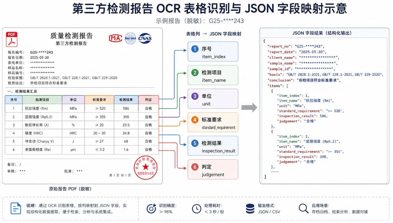 第三方检测报告 OCR 表格识别与 JSON 字段映射示意——脱敏报告 G25-****243