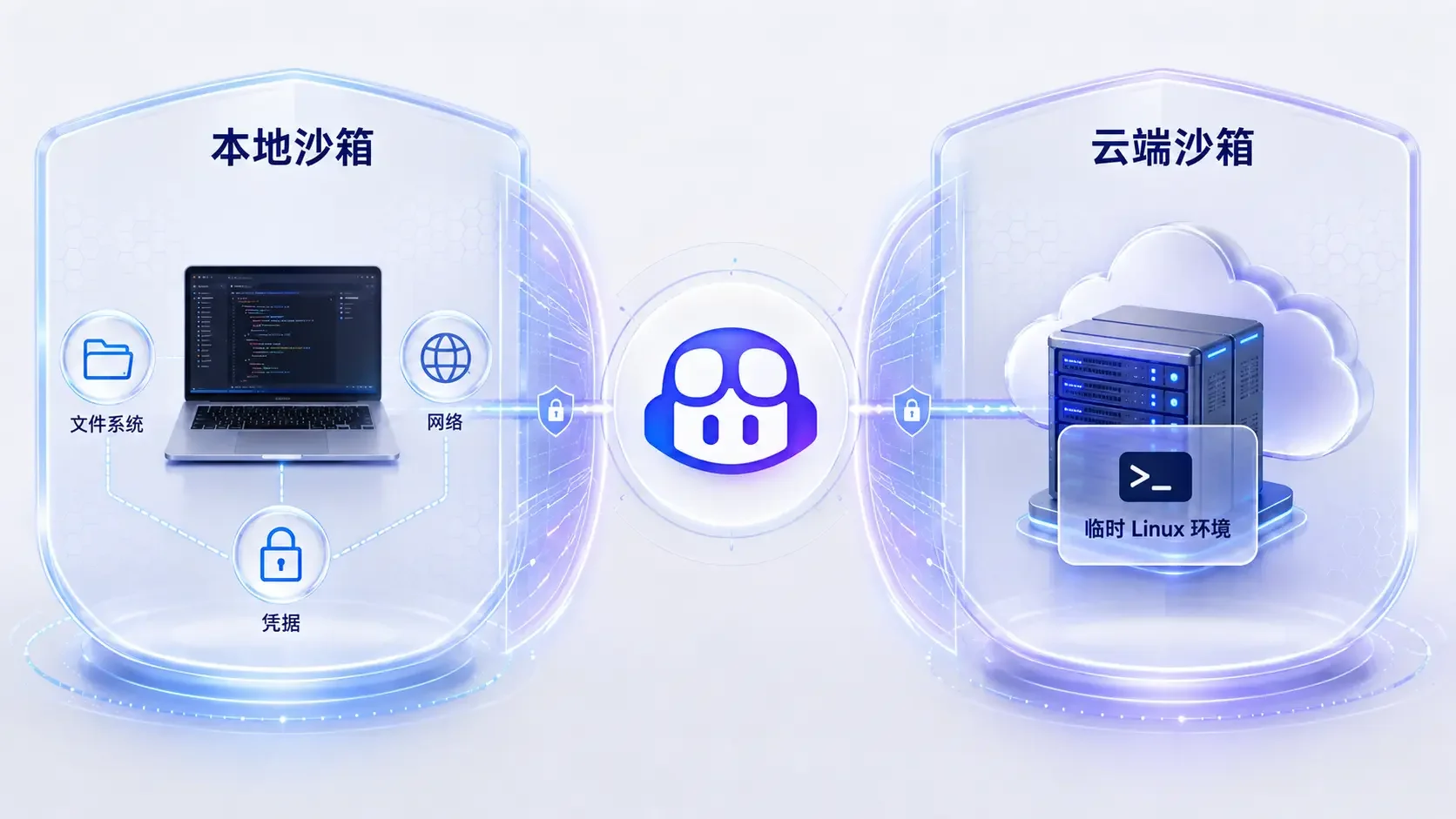 GitHub Copilot沙箱隔离概念图，左侧笔记本电脑代表本地沙箱，右侧云端服务器代表云端沙箱，中间GitHub Copilot图标向两侧延伸隔离屏障