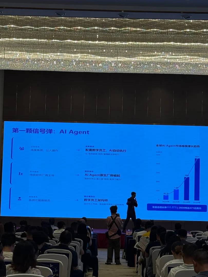 2026 第十届四川系统集成行业千人峰会主席台正上方投影"AiAgent"主题 PPT 幻灯片，台下千人级参会人员，主席台演讲嘉宾正在阐述 AI Agent 行业趋势