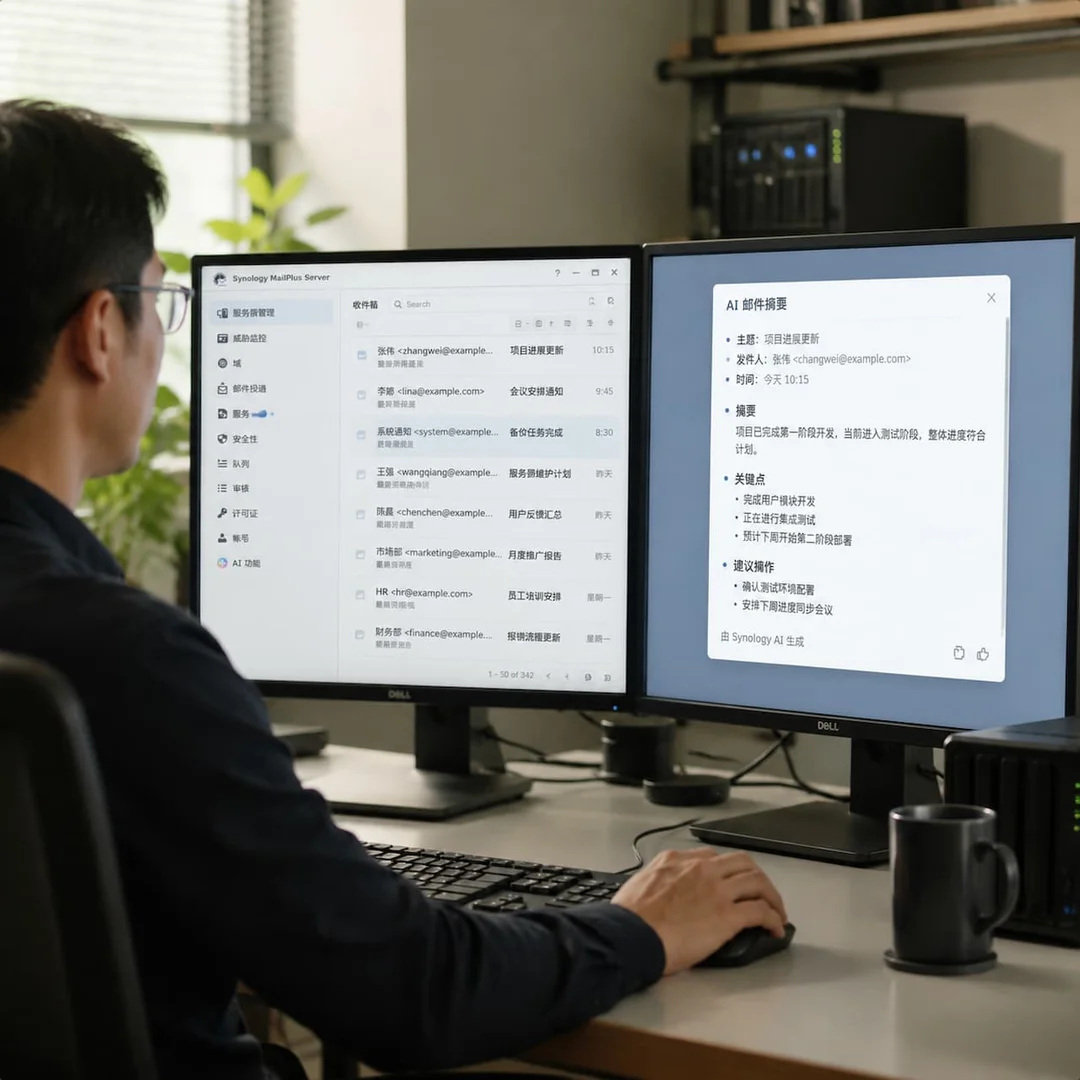 IT管理员在双屏工作台使用群晖MailPlus，屏幕上显示AI邮件摘要弹窗