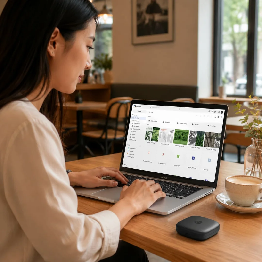 亚洲女性在咖啡厅用MacBook通过BeeDrive语义搜索查找照片，桌旁放有银色便携SSD