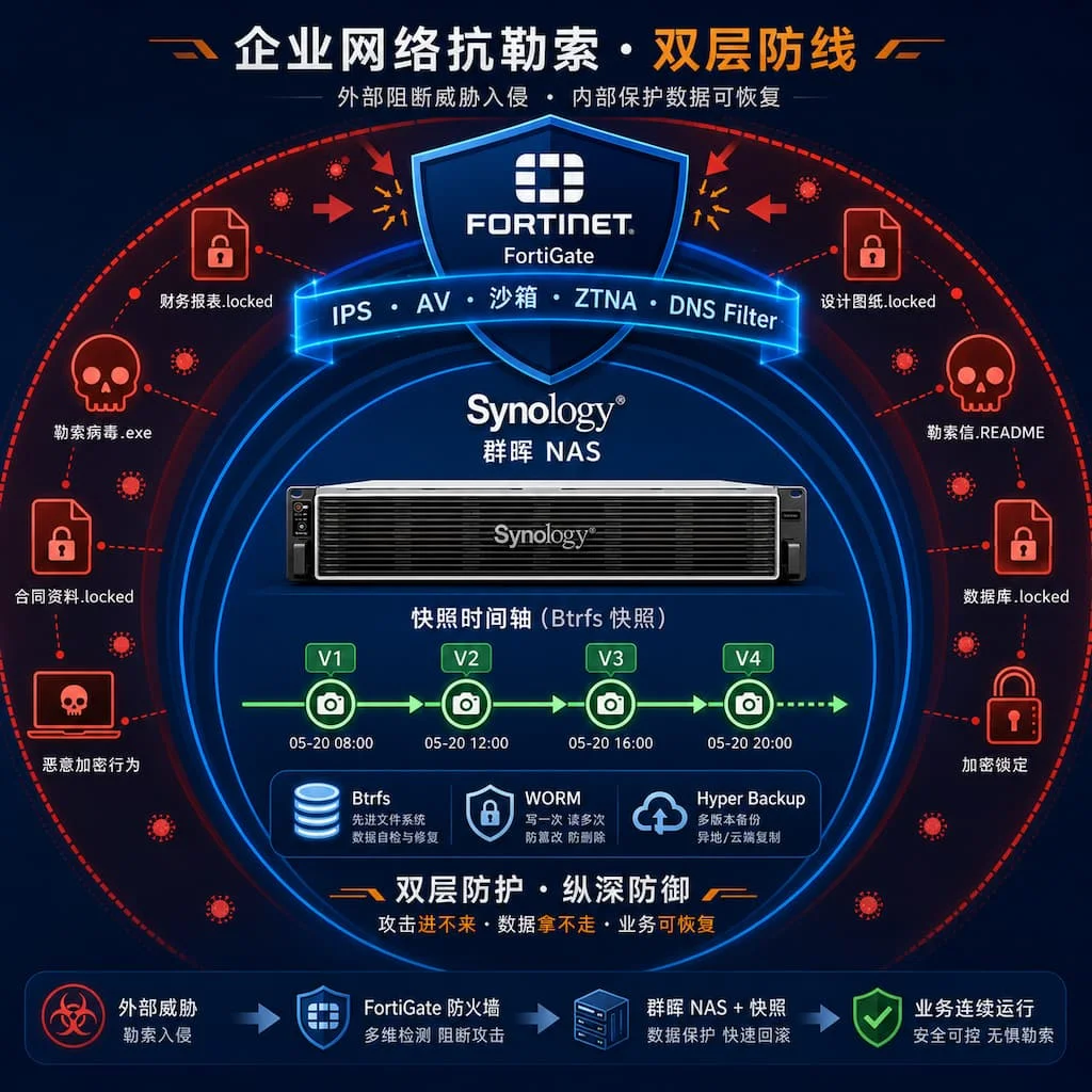 企业网络抗勒索双层防线示意，外圈红色勒索病毒符号被飞塔防火墙盾牌拦截，内圈群晖 NAS 设备配置快照时间轴，整体扁平科技风格