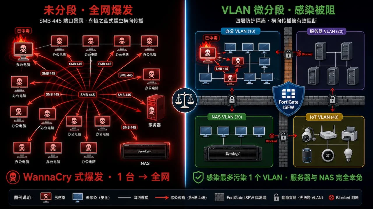 SMB 横向传播阻断对比图：左侧未分段网络中一台中毒电脑通过 SMB 445 端口经永恒之蓝式蠕虫感染整个局域网，右侧 VLAN 微分段后感染被砖墙阻挡在单个 VLAN 内