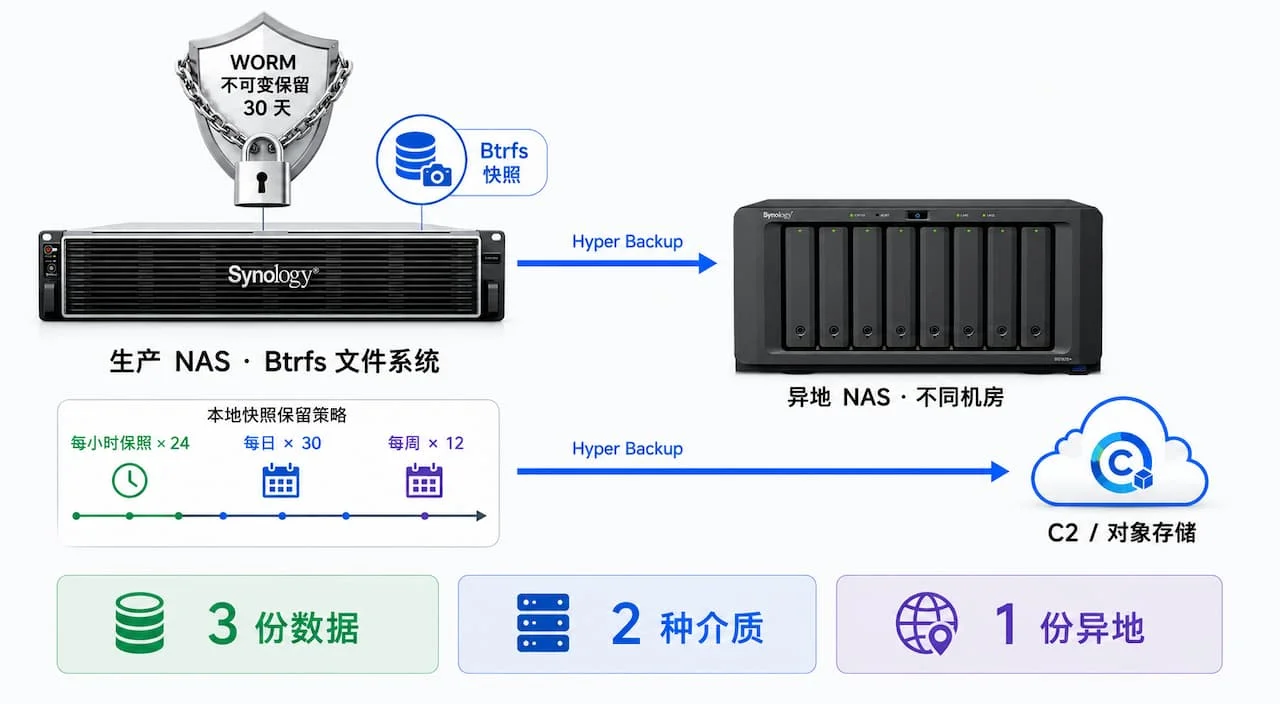 群晖 3-2-1 备份体系结构图，左侧主 NAS 标注 Btrfs 快照与 WORM 锁定图标，中部 Hyper Backup 流向右侧异地 NAS 与云端对象存储 C2，标注 3 份数据 2 种介质 1 份异地