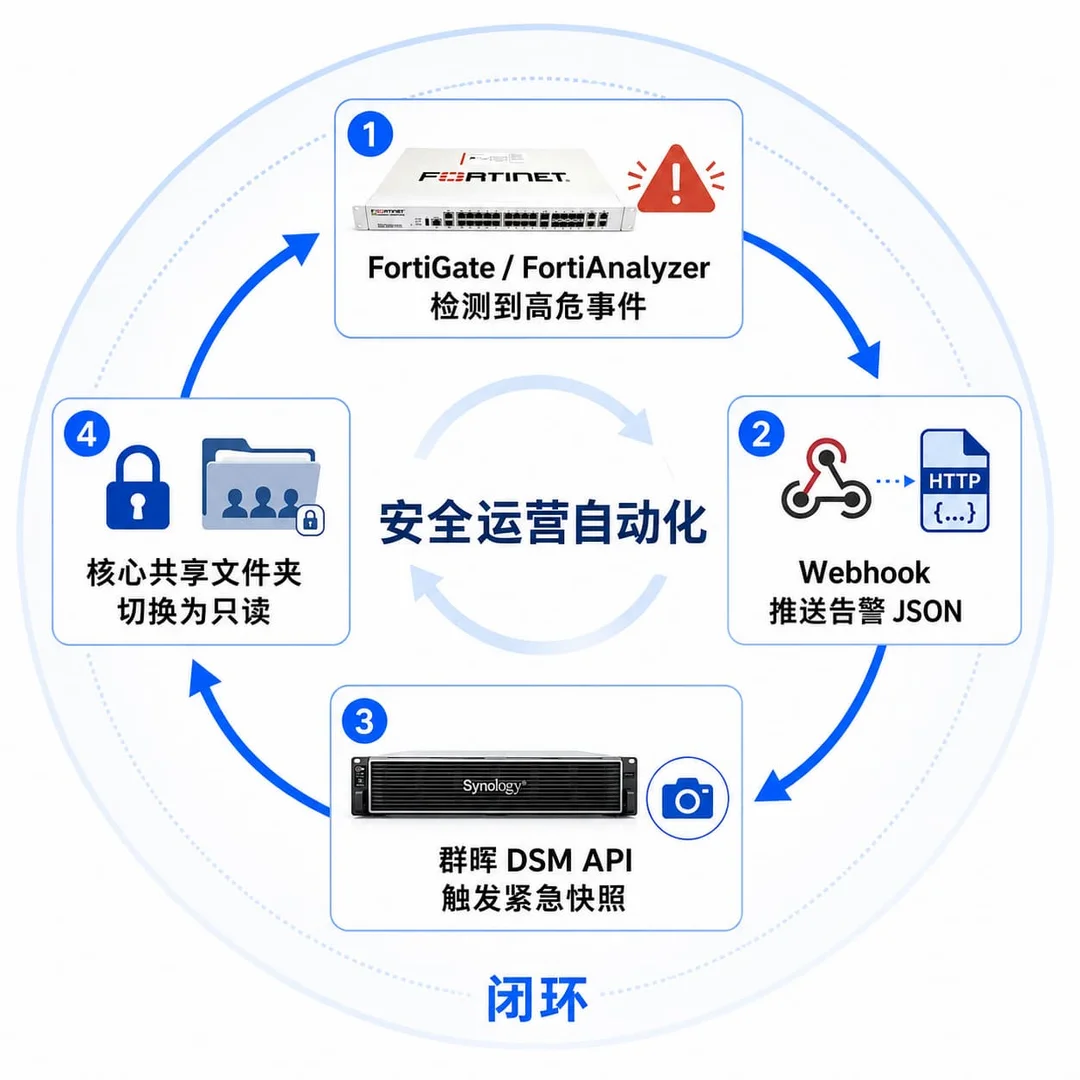 FortiGate 与群晖 NAS 协同闭环工作流，四步循环：FortiAnalyzer 检测高危事件→Webhook 触发→DSM API 启动紧急快照→共享切换只读，箭头连成圆环