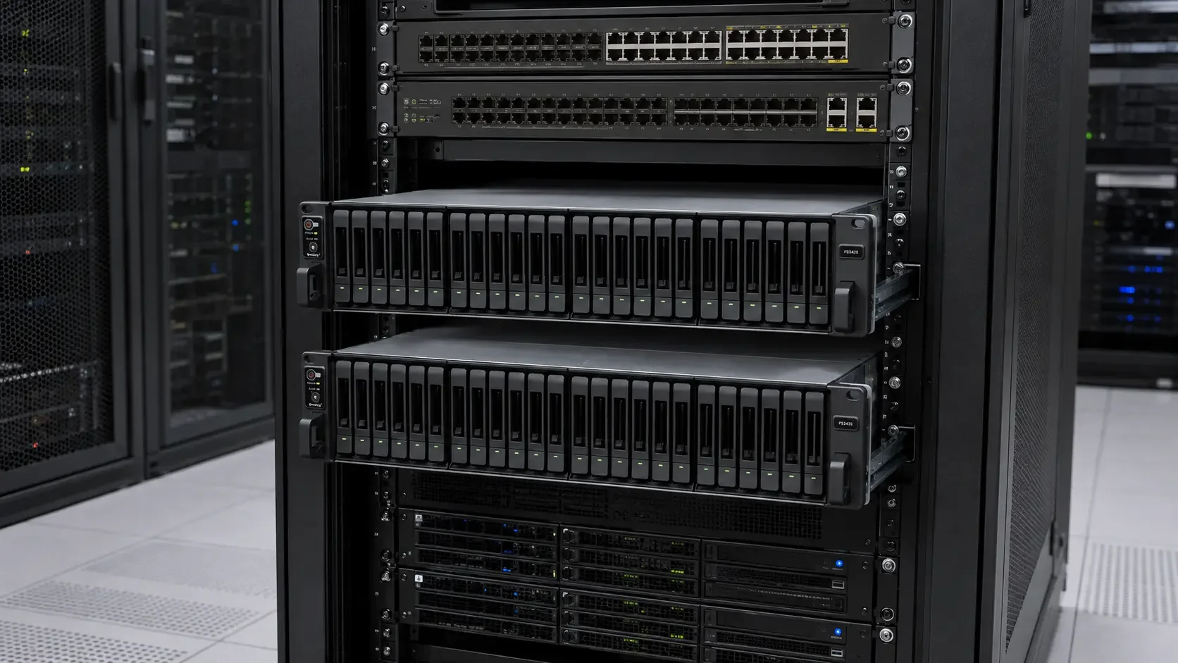 标准企业机房机柜中的两台 Synology FS3420 存储设备，上下并排安装并轻微拉出滑轨，周围为标准服务器与网络交换设备