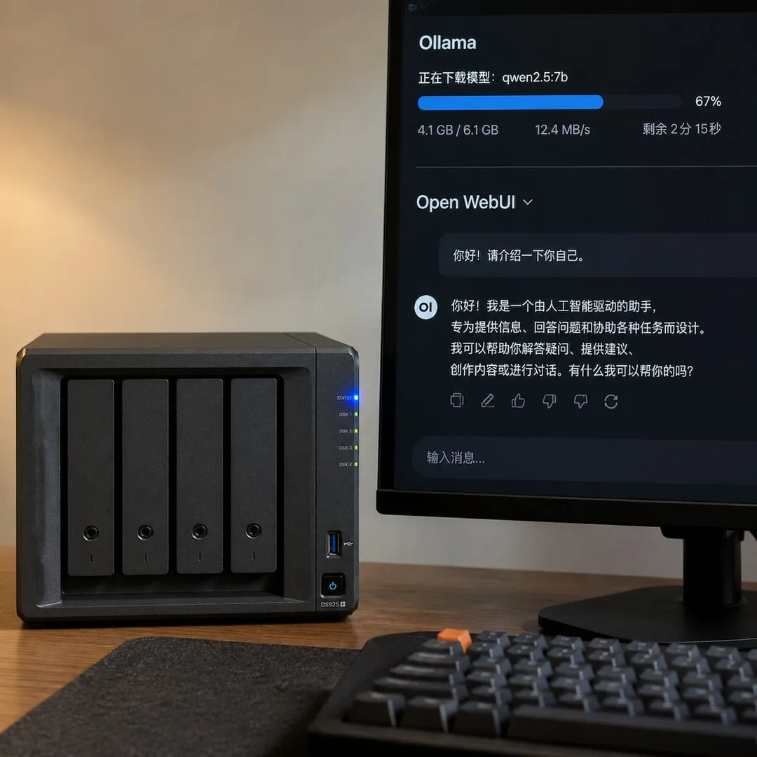群晖NAS设备蓝色指示灯亮起，旁边显示器显示Ollama模型下载进度和Open WebUI中文对话界面