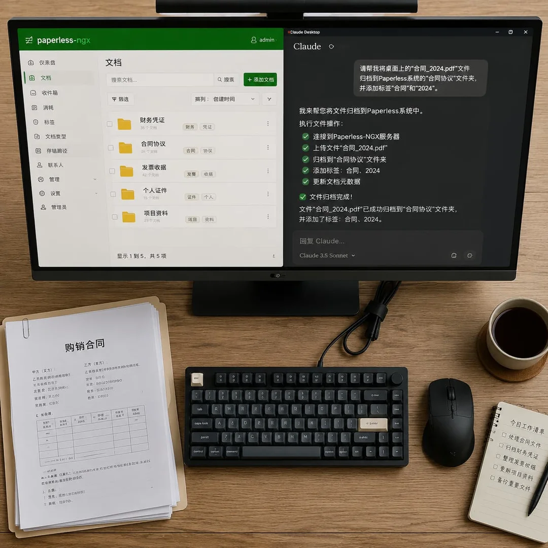 俯视桌面：纸质文件、键盘与显示器，屏幕分屏显示Paperless文档归档界面和Claude AI文件操作对话