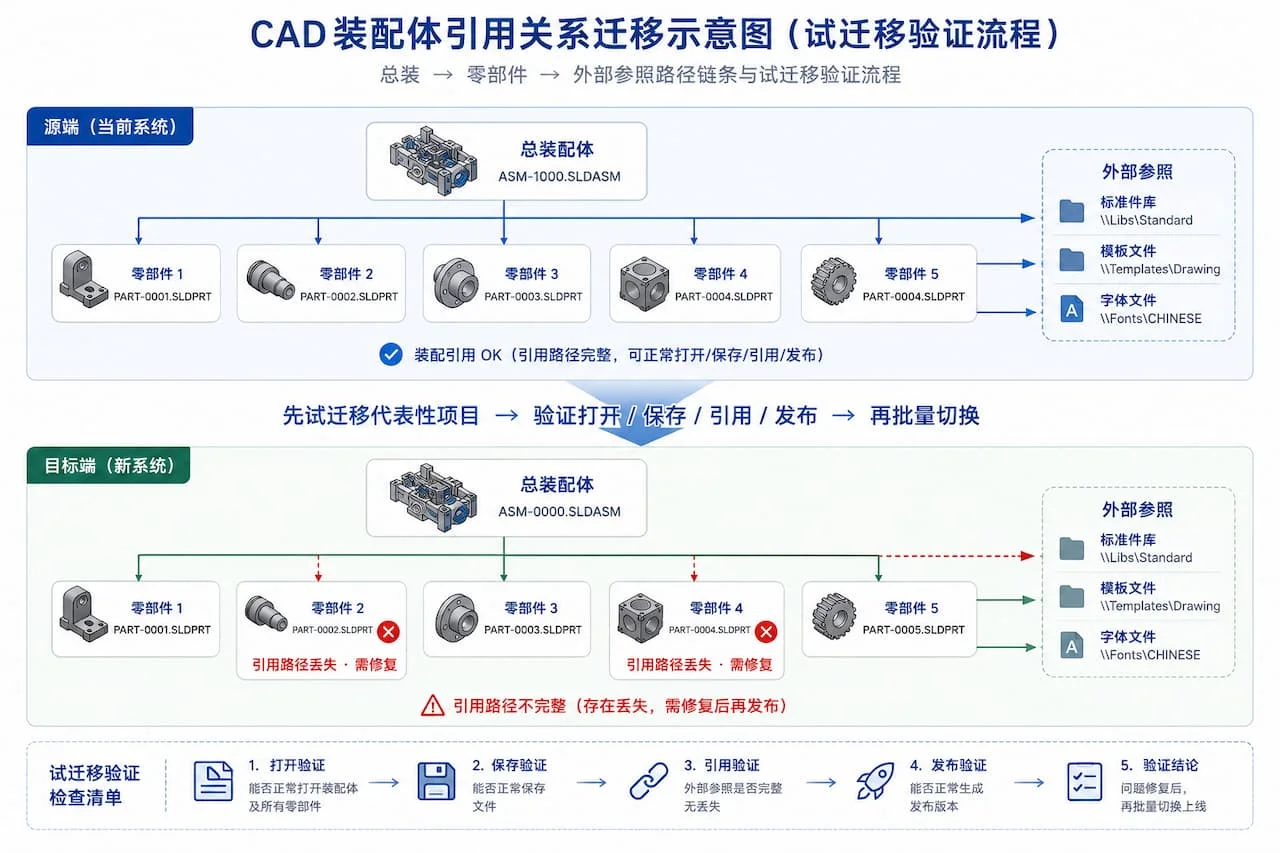 CAD装配体引用关系迁移示意图，总装→零部件→外部参照路径链条与试迁移验证流程
