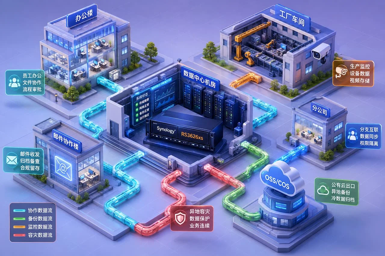 等距立体微缩企业数字园区俯视图，中央剖面机房露出群晖 2U 机架 NAS，周围 isometric 风格建筑分别代表办公楼、工厂车间、监控中心、分公司、邮件协作楼，数据以光蓝色管道流而非辐射线连接各建筑，科技插画风