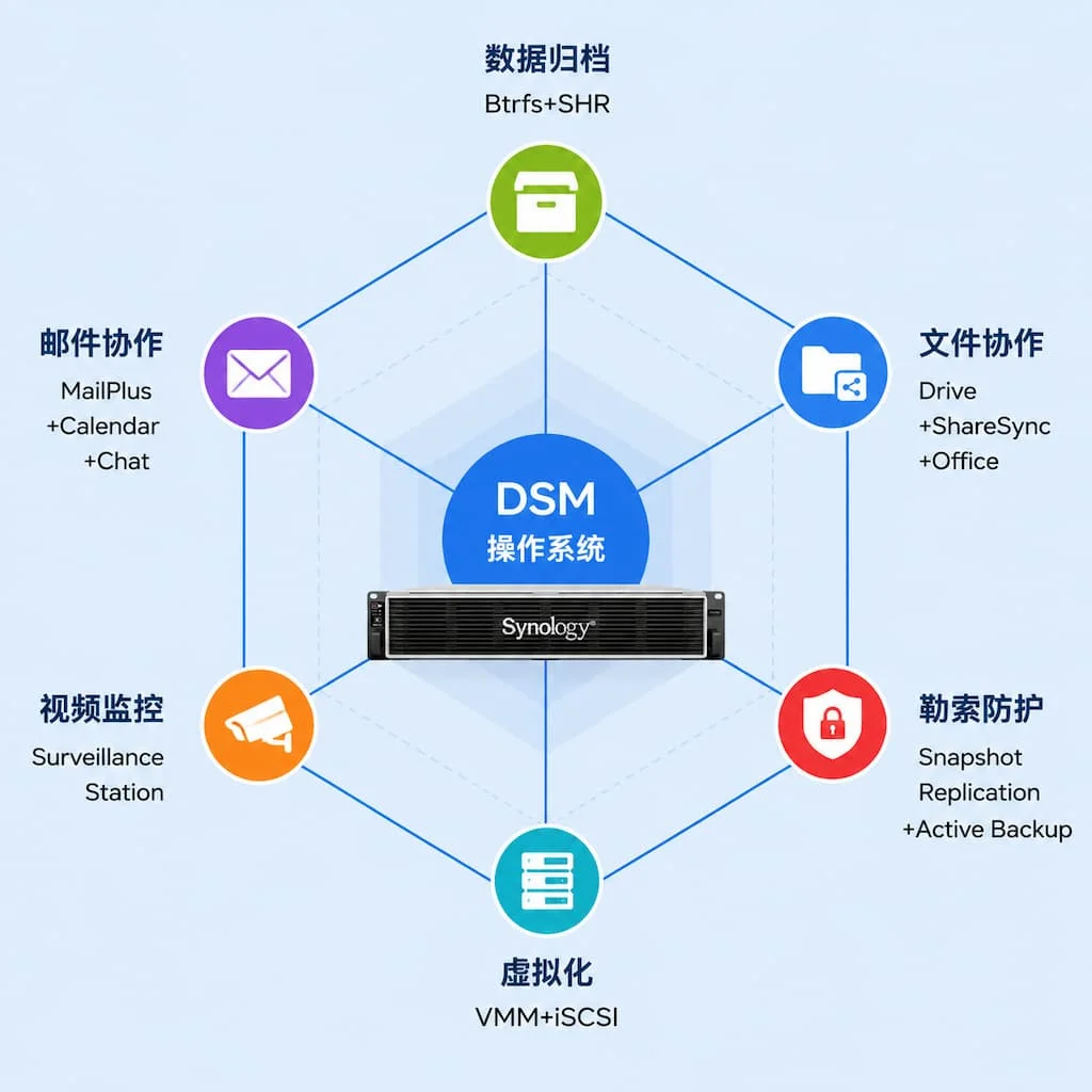 群晖企业 NAS 六大能力矩阵六边形雷达图,六个顶点分别为数据归档、文件协作、勒索防护、虚拟化、视频监控、邮件协作,中心标注 DSM 操作系统