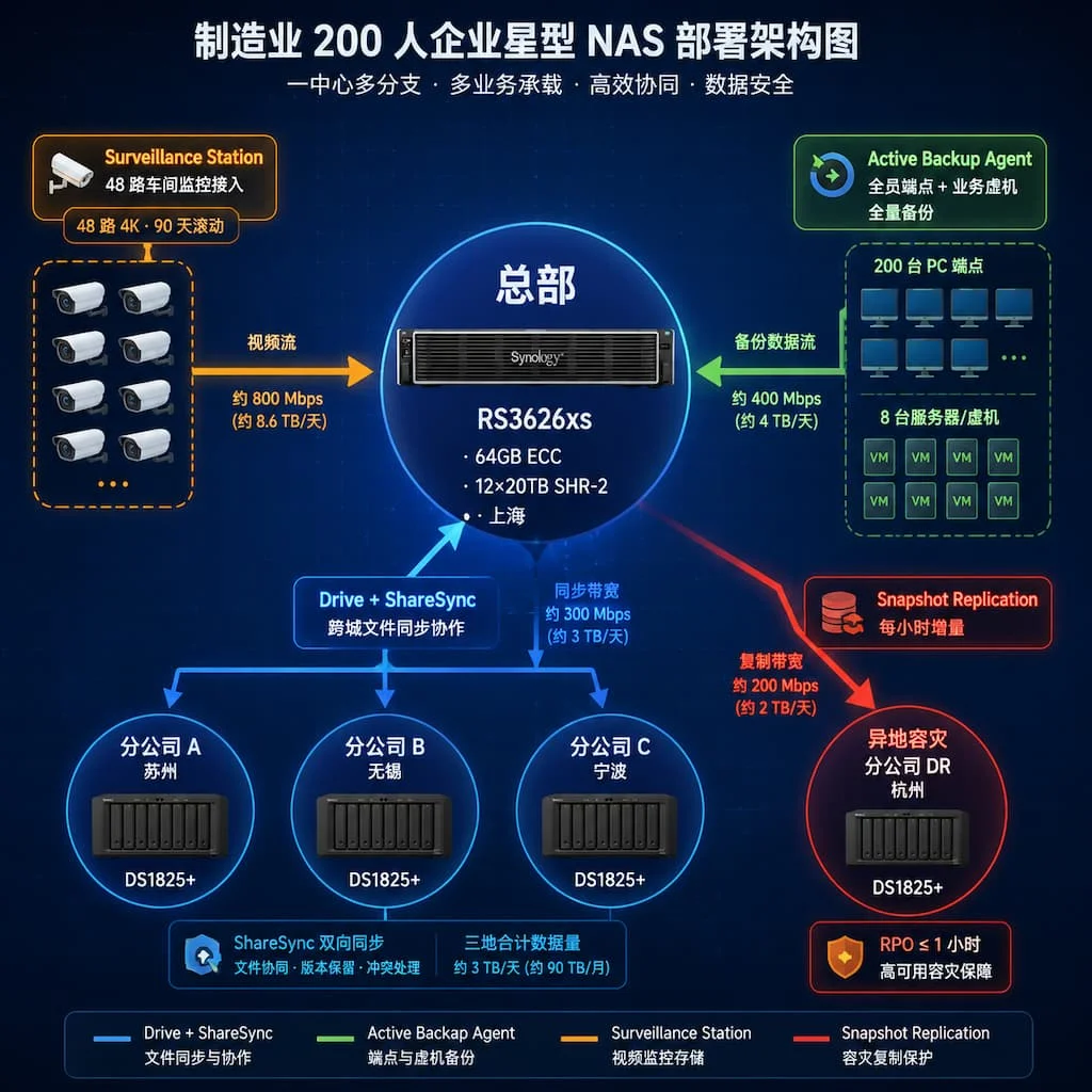 制造业 200 人企业星型 NAS 部署架构图,中心总部 RS3626xs 承载 Drive/Active Backup/Surveillance/Snapshot Replication 四大业务,通过 ShareSync 跨城同步至 3 台分公司 DS1825+,标注业务流向与数据量