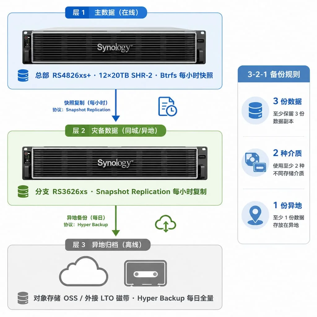 群晖数据保护 3-2-1 体系架构图,主 NAS、灾备 NAS、对象存储/磁带库三层冗余,标注快照/复制/异地备份不同链路