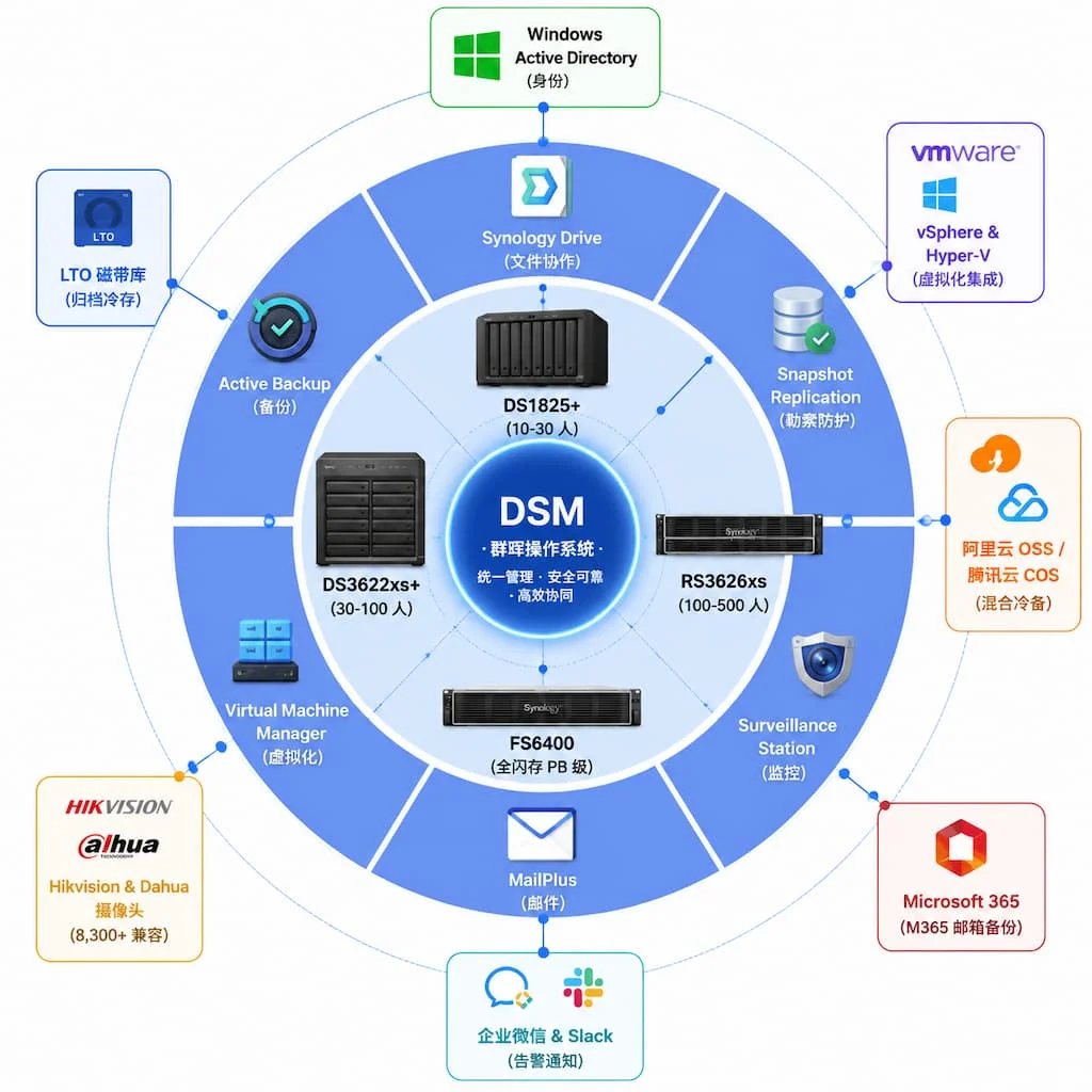 群晖整体生态总览同心圆图,中心 DSM 操作系统内核,内环硬件梯度四款机型,中环六大能力套件,外环企业集成生态(Windows AD/VMware/阿里云OSS/腾讯云COS/Microsoft 365/摄像头厂商/企业微信告警),三层一图收束全文