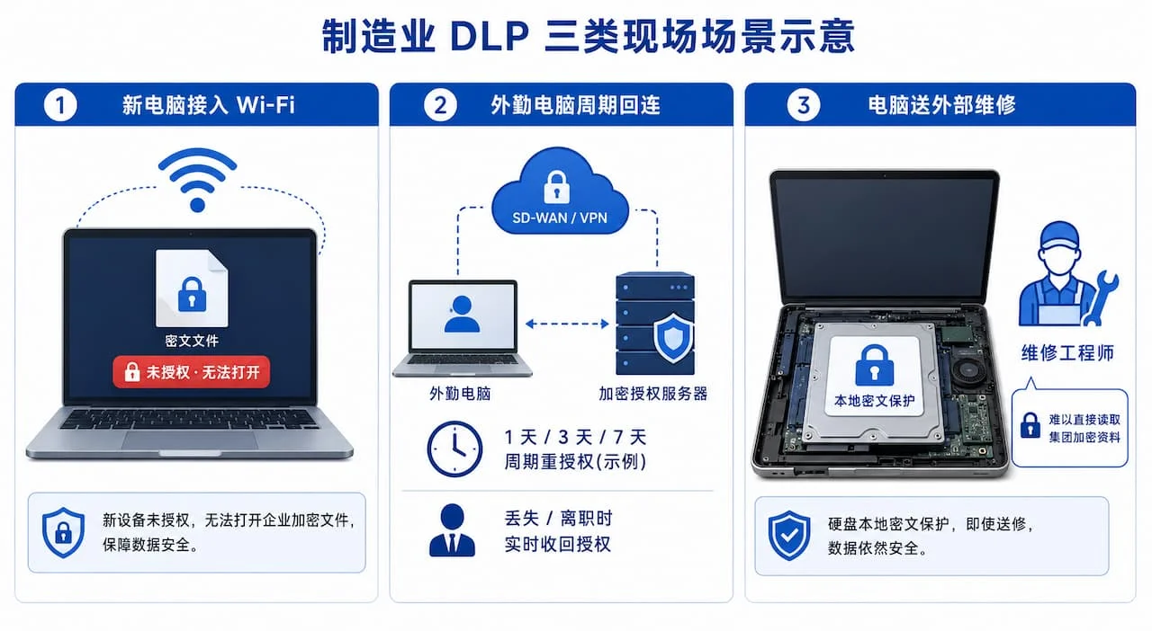 制造业 DLP 三类现场场景示意,左中右分别展示新电脑接入 Wi-Fi 但无授权打不开密文、外勤电脑通过 SD-WAN 周期性回连授权、送修电脑硬盘密文保护