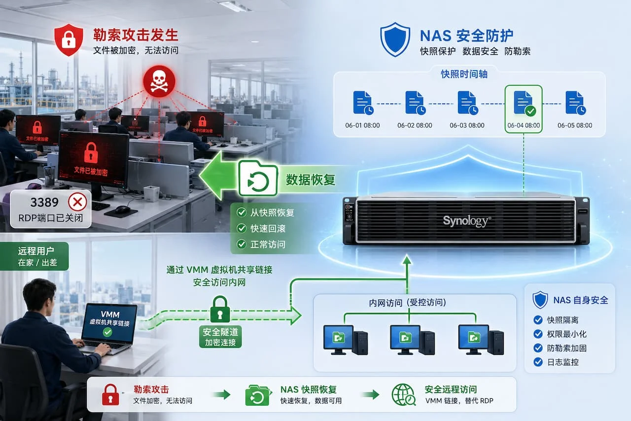 群晖NAS快照防勒索封面图，左侧电脑被勒索加密，右侧NAS通过快照恢复文件并保持自身安全，远程用户通过VMM共享链接安全接入内网