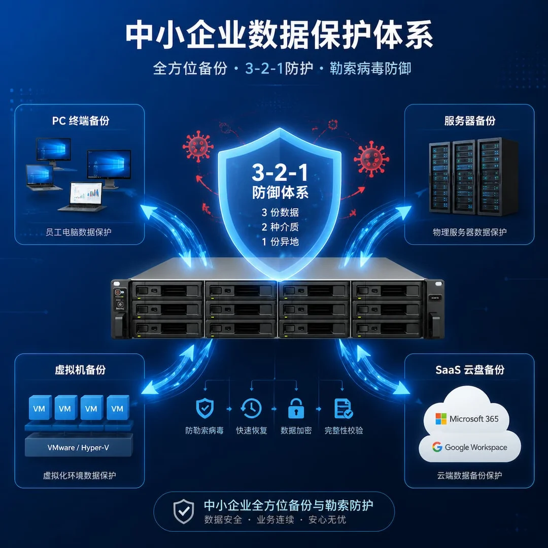 中小企业数据保护体系封面图，中央群晖 NAS 设备向外连接 PC 终端、服务器、虚拟机、SaaS 云盘四类备份源，盾牌图标守护防御勒索病毒