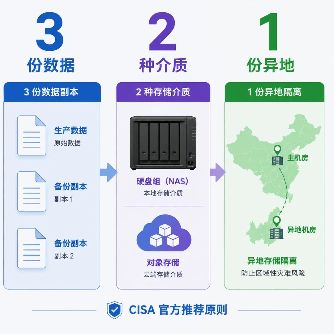3-2-1 备份原则三层结构示意图，从左至右依次展示 3 份数据副本、2 种存储介质、1 份异地隔离的层级关系