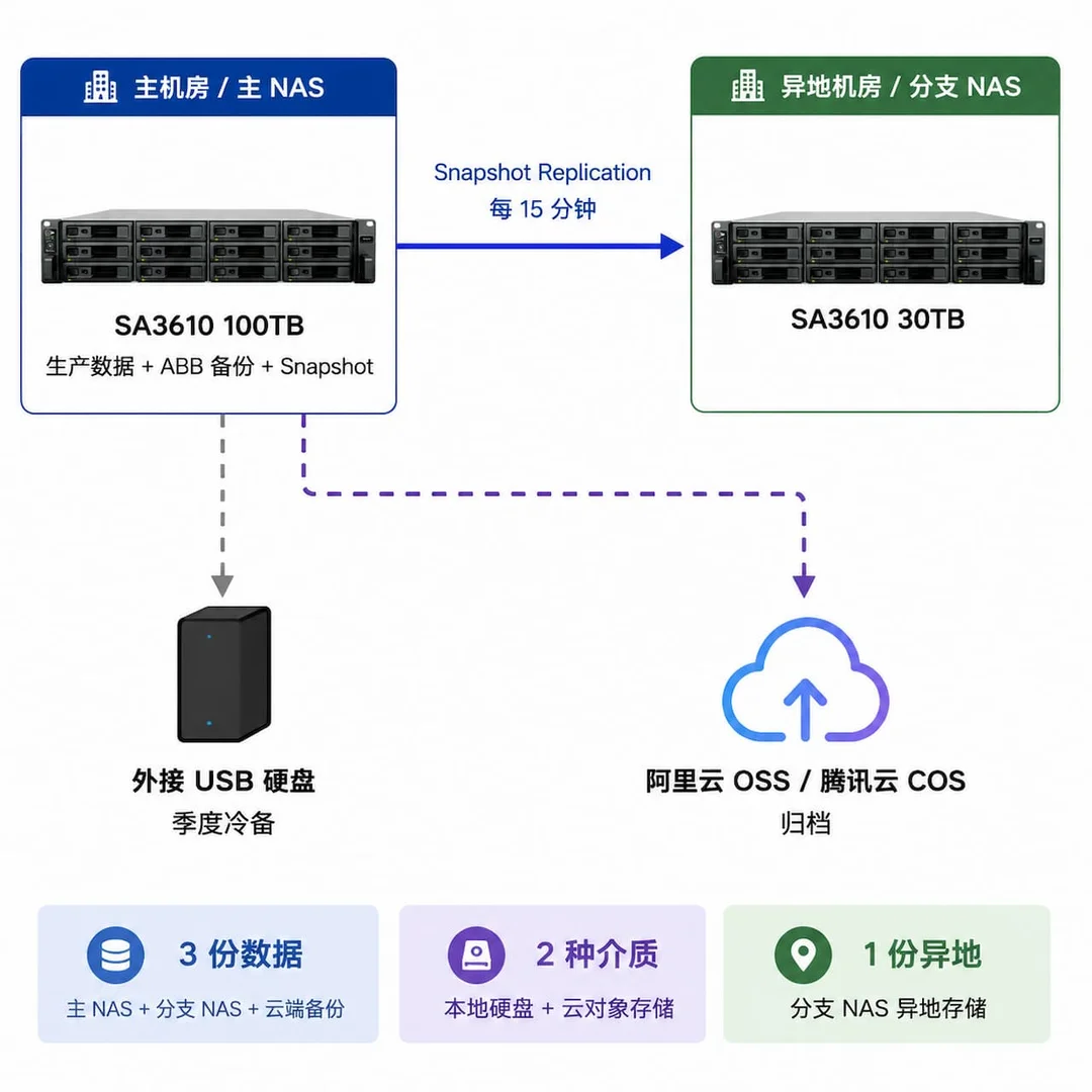 双 NAS 异地 3-2-1 备份拓扑图，主 NAS 与异地分支 NAS 通过 Snapshot Replication 同步，配合外接硬盘和公有云对象存储形成完整 3-2-1 闭环