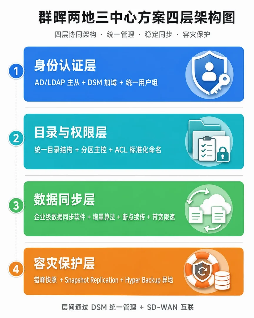 群晖两地三中心方案四层架构图，从上到下分别为身份认证层（AD/LDAP 主从）、目录与权限层（统一目录 + 分区主控）、数据同步层（企业级同步软件 + 断点续传）、容灾保护层（错峰快照 + Hyper Backup 异地备份）