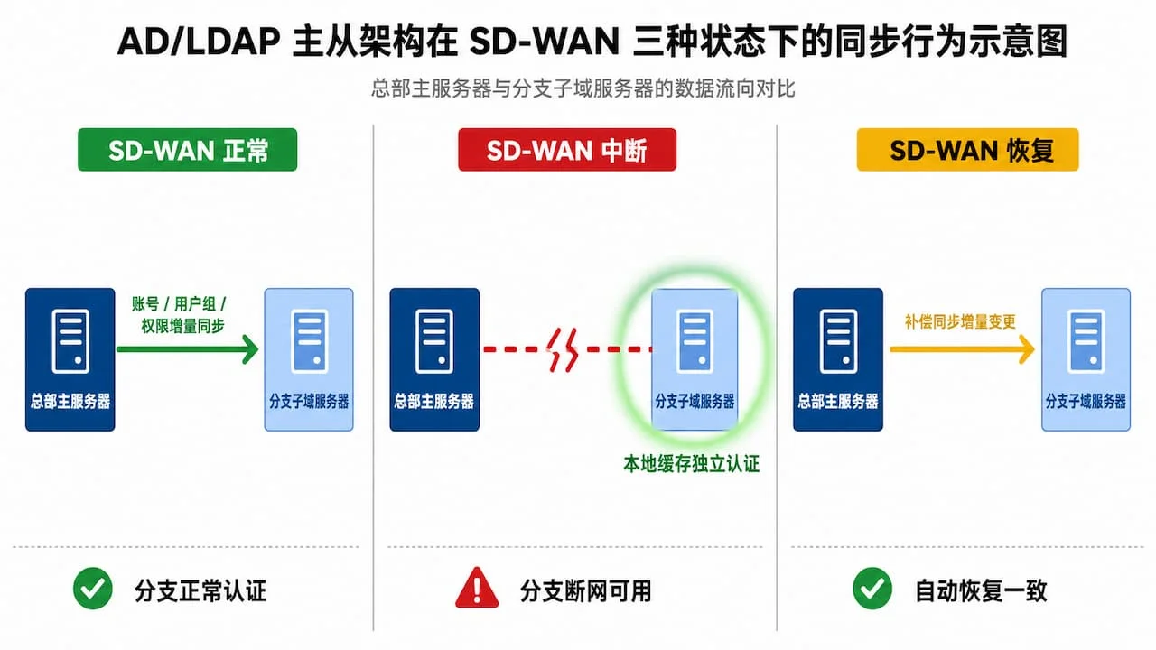 AD/LDAP 主从架构在 SD-WAN 正常、中断、恢复三种网络状态下的同步行为示意图，三栏对比布局分别展示总部主服务器与分支子域服务器的数据流向