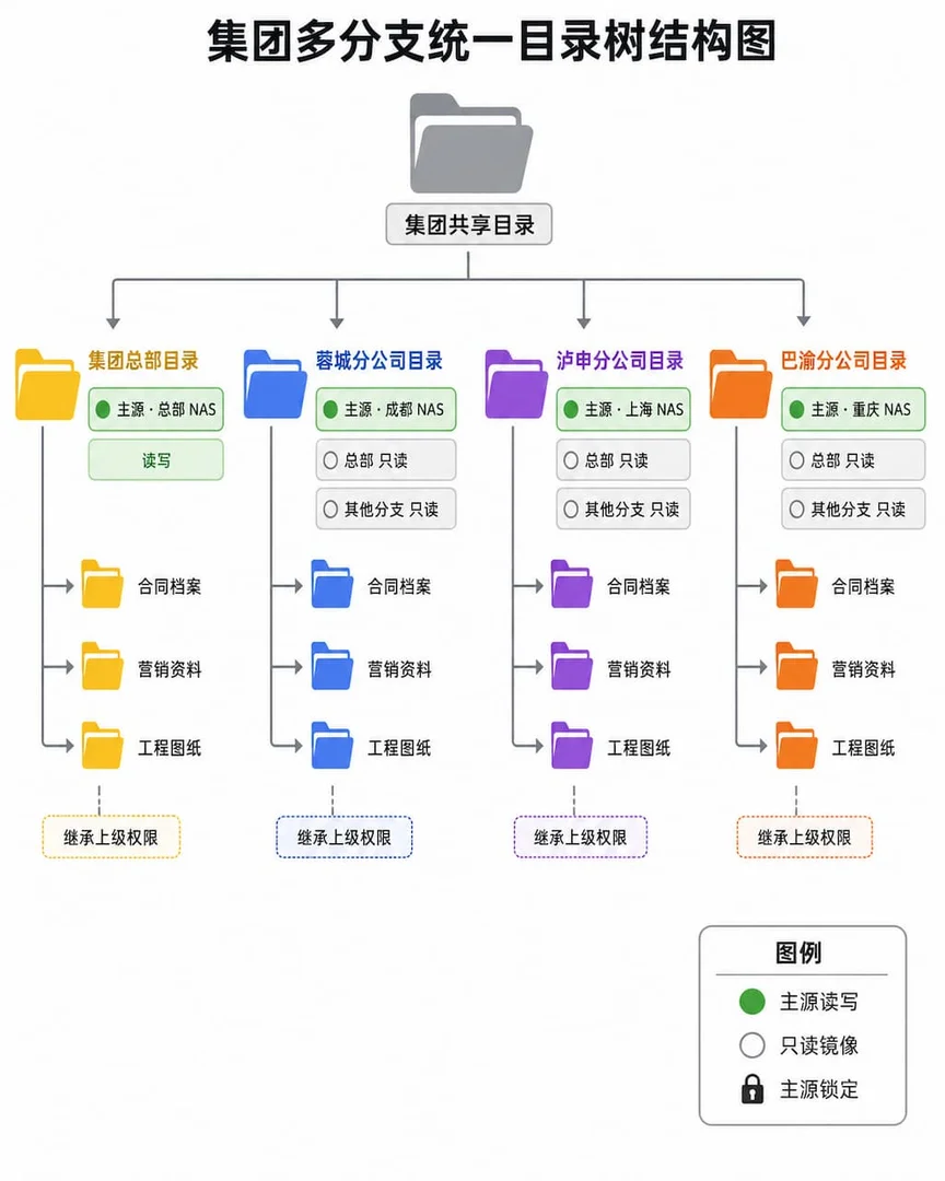 集团多分支统一目录树结构图，根目录"集团共享目录"向下展开四个分支目录，每个子目录右侧标注主源 NAS 来源地及只读/读写权限色块