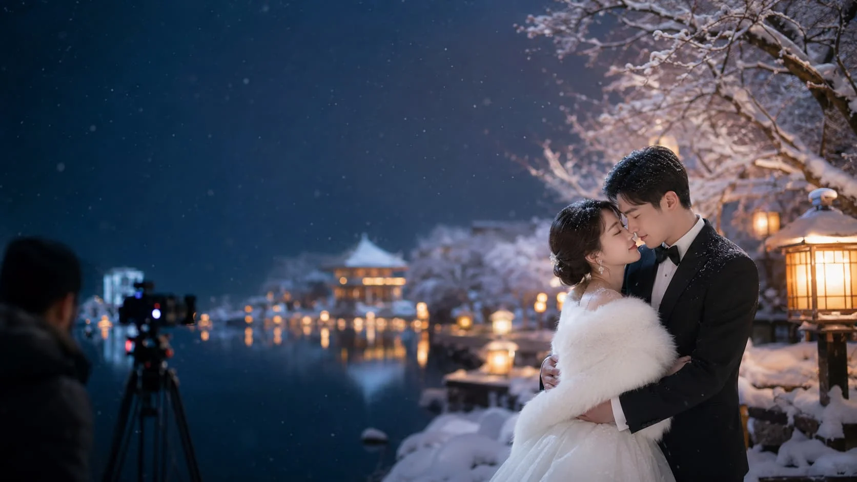 深夜日本庭院樱花雪景婚纱外景拍摄场景，含摄影设备与新人主角