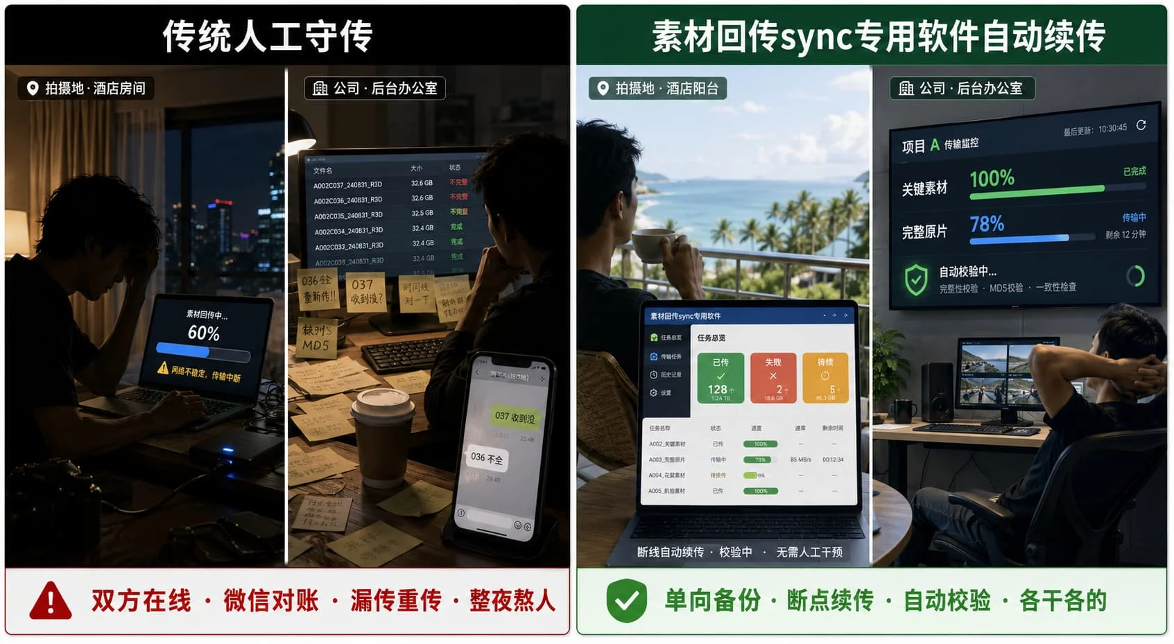 影视视频外景拍摄团队传统人工守传与 素材回传sync专用软件 自动断点续传两种视频素材回传方式工作状态对比示意图