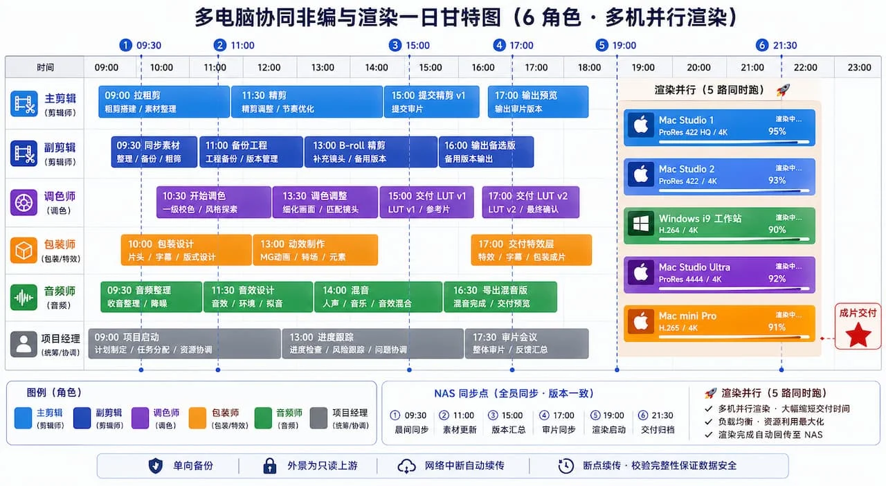 多电脑协同非编与渲染一日甘特图，6 个角色色块在时间轴并行排布，19 点后多机并行渲染色块平行叠加，NAS 同步点用竖线标注